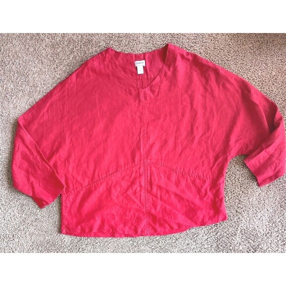 Chico's Tops - Chico's Dolman 100% Linen Top Size 3 XL Red Lagenlook Crop Boxy Coastal
